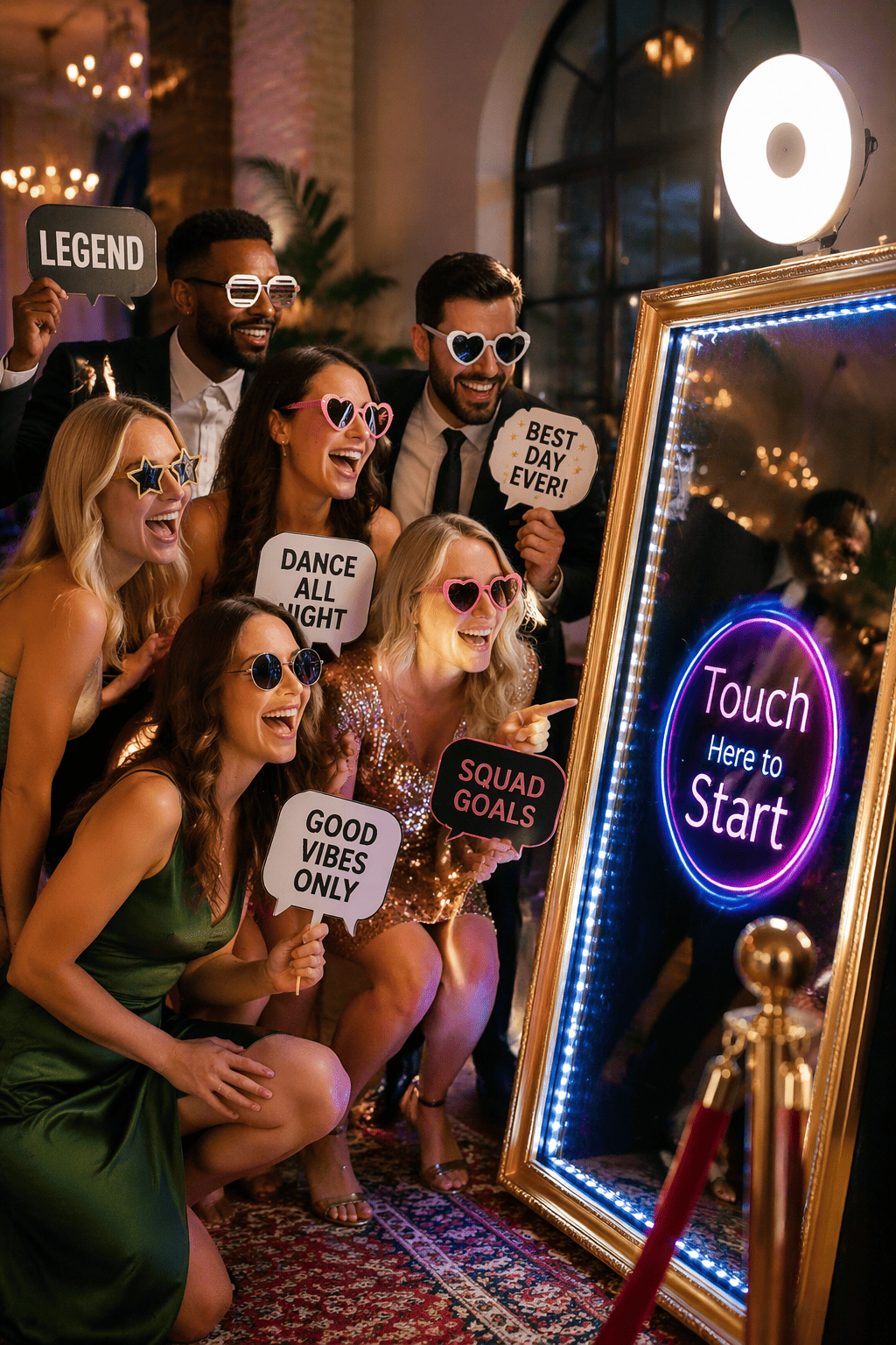 Private party photo booth New Orleans guests enjoying mirror photo booth experience