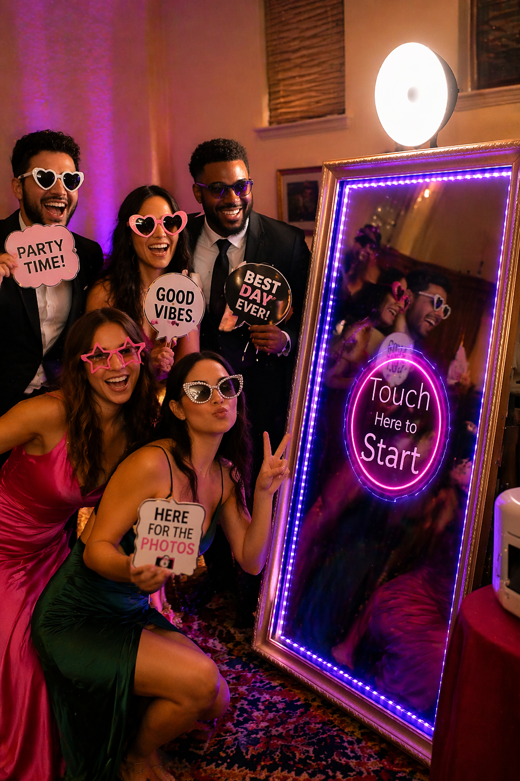 Wedding guests posing with fun props around a mirror photo booth at an event in New Orleans